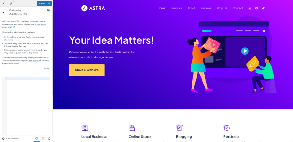 WordPress Customizer Additional CSS panel with Astra theme website preview for advanced logo styling options.