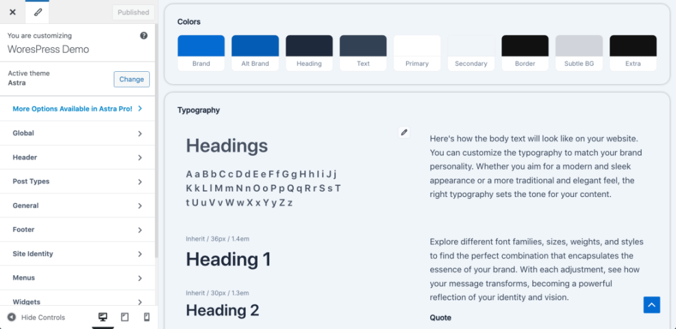 WordPress customizer showing global color palette options for brand, heading, and text, plus typography settings for headings like Heading 1.