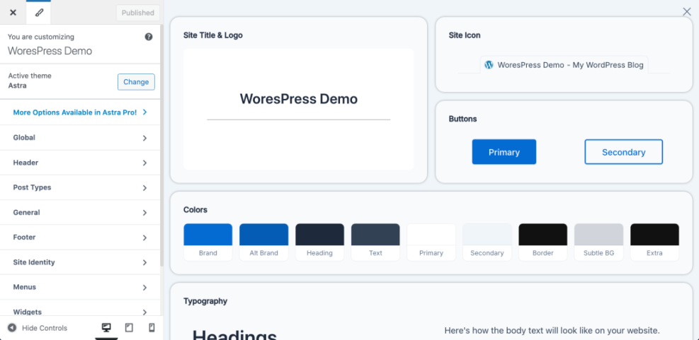 WordPress Customizer displaying design options like colors, buttons, and typography settings to edit a WordPress site's appearance.