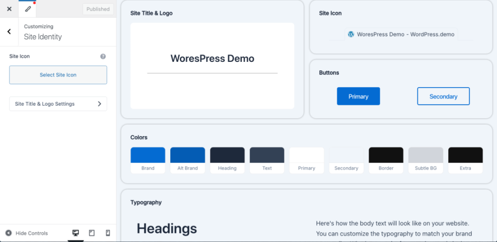 WordPress Customizer showing Site Identity, Site Icon, Colors, and Typography settings for editing a website's appearance.
