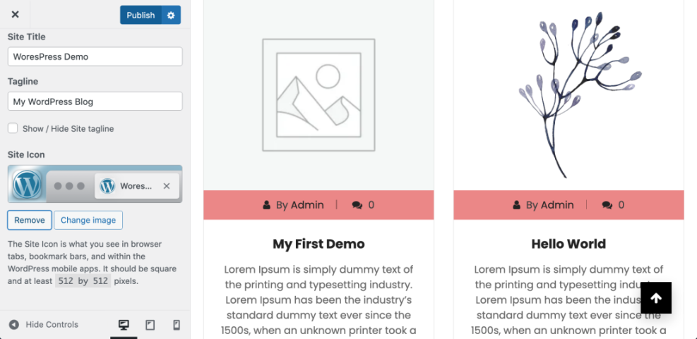 WordPress Customizer site identity settings demonstrating how to change favicon in WordPress, showing the site title, tagline, and site icon upload area with the default WordPress logo.
