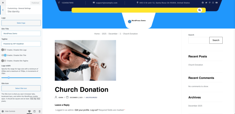 WordPress Customizer displaying Site Identity settings for logo, site title, and tagline, crucial for customizing a new WordPress theme.