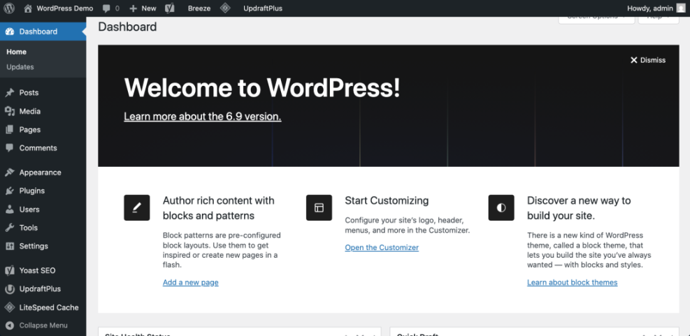 WordPress dashboard interface, showing the main admin panel and the 'Plugins' menu link in the left sidebar.