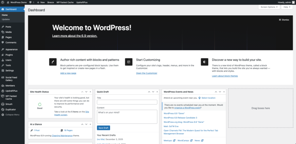 WordPress dashboard screenshot displaying the administrative interface with the navigation menu, welcome message for version 6.9, and various site management widgets.