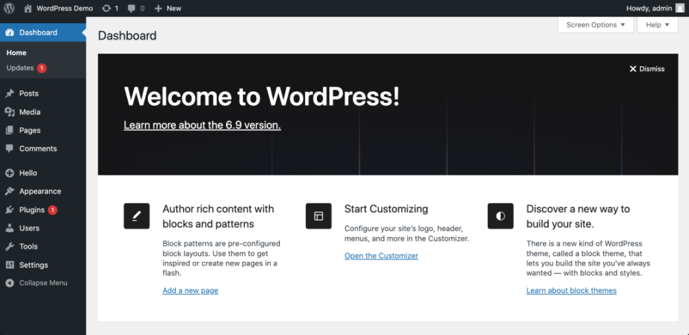 WordPress dashboard welcome screen for version 6.9, showing initial setup and navigation, demonstrating how easy WordPress is for new users.