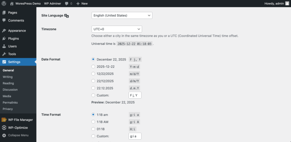 WordPress General Settings showing site language, UTC timezone, and options for date and time formats with universal time display.