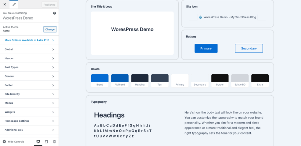 WordPress Customizer interface with Astra theme settings for site title, logo, colors, buttons, and typography, demonstrating WordPress website design.