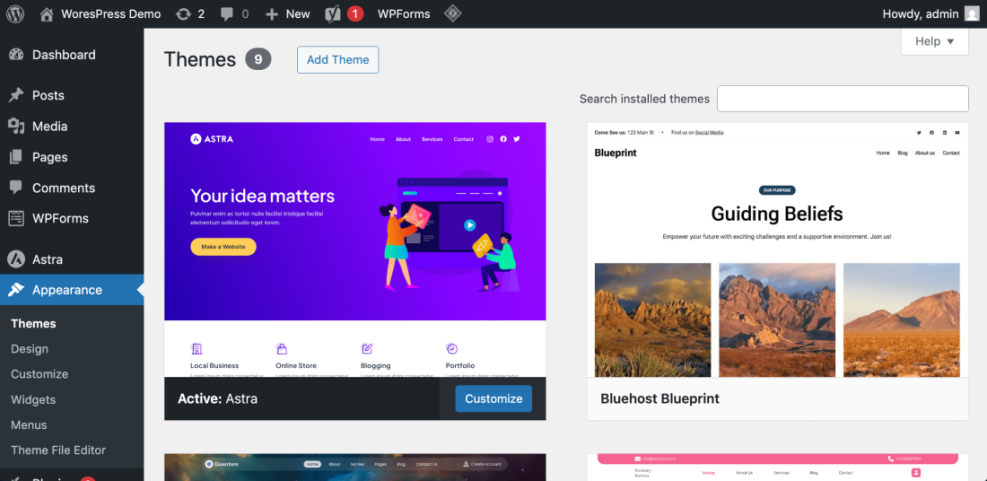 WordPress dashboard showing the Themes section with Astra theme active, illustrating theme selection for website design.