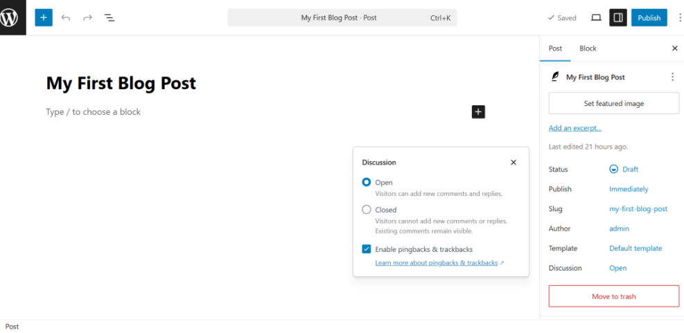 WordPress post editor showing the 'Discussion' settings panel, where users can enable or disable comments and pingbacks for a post.