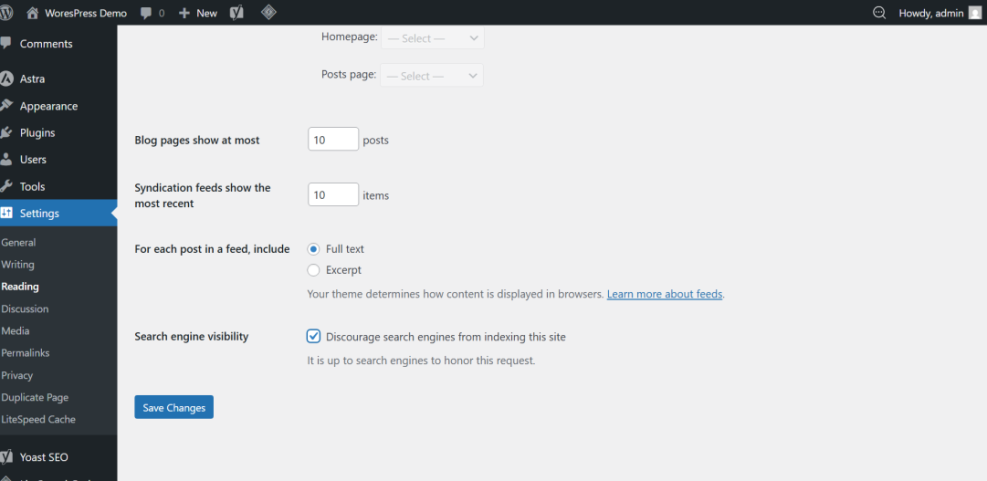 WordPress Reading Settings screen showing the 'Discourage search engines from indexing this site' checkbox checked, essential for staging sites.