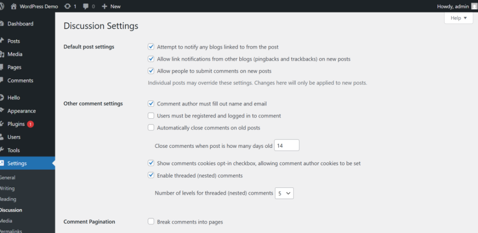 WordPress Discussion Settings page showing options to configure and disable comments, trackbacks, and pingbacks.