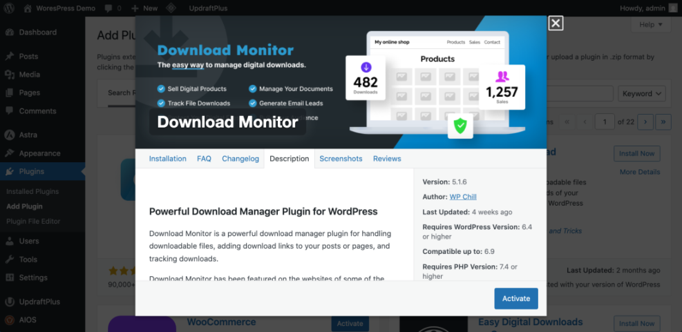 WordPress admin area displaying the Download Monitor plugin, a solution for managing and securing digital downloads.