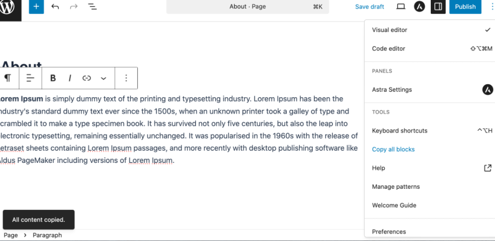 WordPress editor with 'Copy all blocks' selected from the options menu, showing a way to duplicate a page.