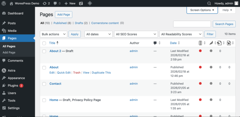 WordPress Pages list showing the 'Duplicate This' link under the 'About' page, illustrating how to duplicate a page in WordPress.