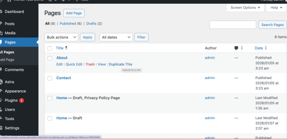 WordPress admin 'Pages' screen displaying a list of pages and the 'Duplicate This' option, demonstrating how to duplicate a page in WordPress.