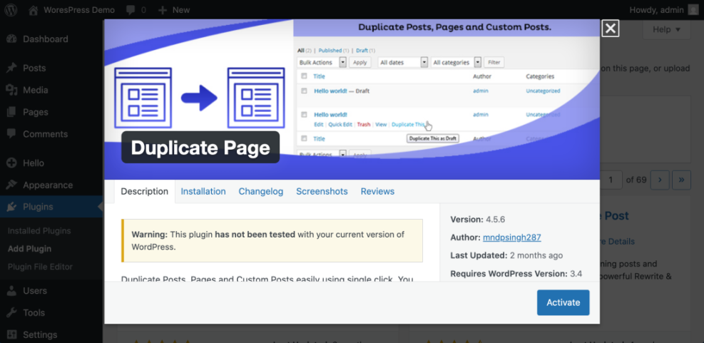 WordPress admin panel showing a duplicate page and post plugin in action, with the 'Duplicate This' link for content cloning.