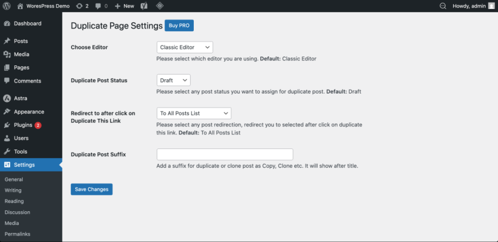 Screenshot of WordPress Duplicate Page Settings showing options for editor, post status, redirection, and suffix for duplicating pages.