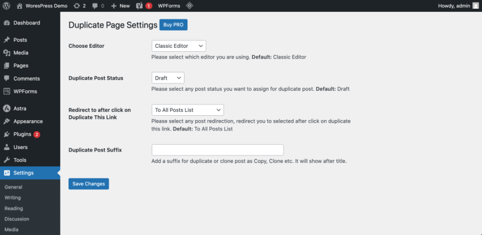 WordPress Duplicate Page Settings for configuring how to duplicate pages and posts, showing editor, status, redirect, and suffix options.