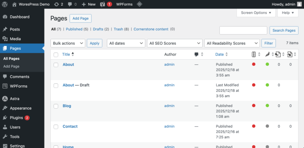 WordPress admin dashboard displaying the 'Pages' list, including published pages like 'About' and an 'About — Draft', relevant for page duplication.