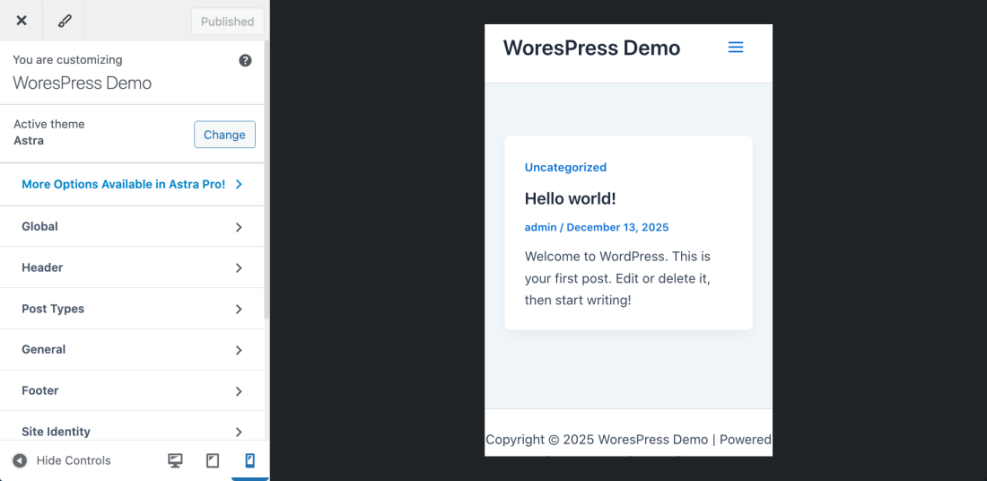 WordPress Customizer showing Astra theme settings and a mobile preview, illustrating how to edit a WordPress site.