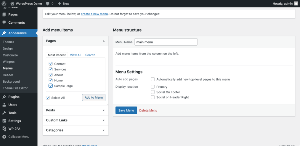 WordPress Menus screen showing how to add pages to a website menu, an essential step when you edit a WordPress site.