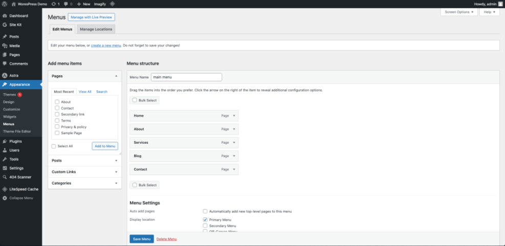 WordPress dashboard's Menus screen, displaying the "main menu" structure for website navigation editing.