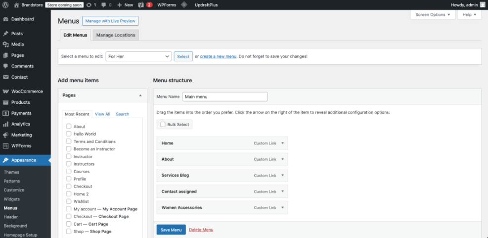 WordPress admin panel showing the Menus screen where users can add, arrange, and manage navigation items for their website.