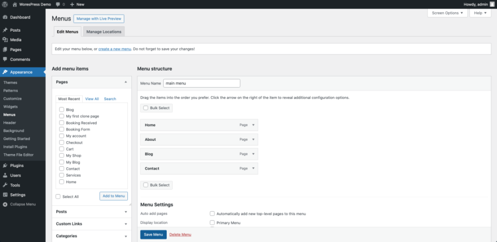 WordPress admin screen showing the 'Menus' section where users edit their website navigation, adding pages like Home and Blog to the main menu structure.