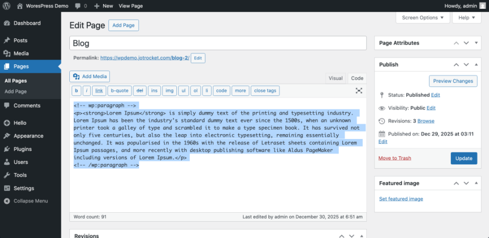 WordPress Classic Editor showing a page in code view with Lorem Ipsum text, demonstrating how to view page content as HTML.