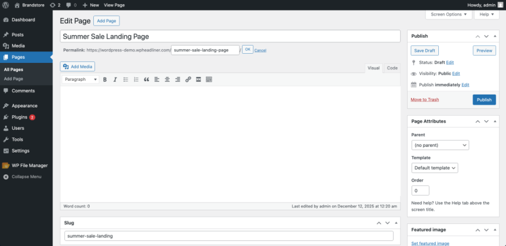 WordPress Edit Page interface displaying the 'Summer Sale Landing Page' title and its editable permalink slug, demonstrating how to create a vanity URL.