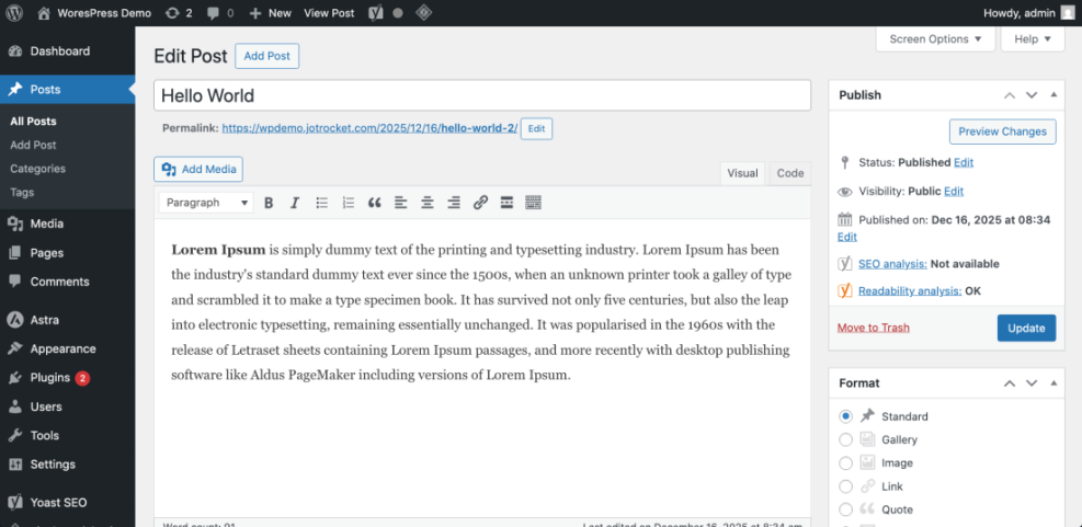 WordPress admin 'Edit Post' screen displaying a sample post, content editor, publish module, and Yoast SEO analysis.