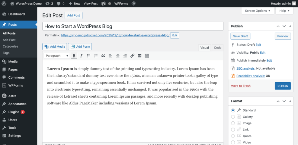 WordPress Edit Post screen showing 'How to Start a WordPress Blog' with its editable permalink, demonstrating how to edit the post slug.