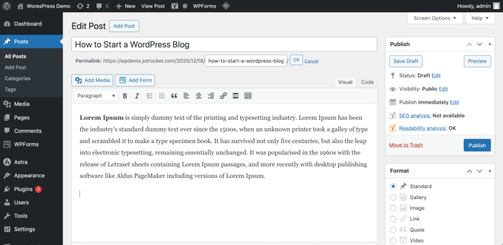 WordPress edit post screen, demonstrating how to view and modify a post's slug and permalink for optimal SEO in the classic editor.