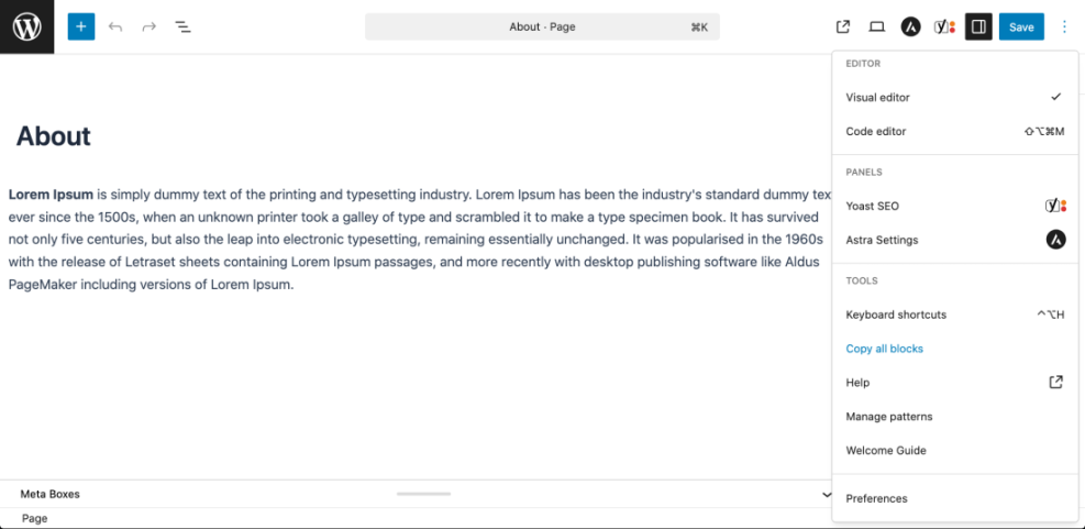 WordPress block editor interface displaying the 'Copy all blocks' tool in the right sidebar, essential for duplicating a page efficiently.