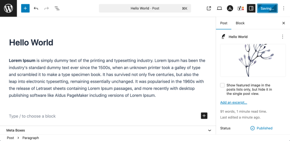 WordPress Gutenberg editor with featured image settings in the sidebar, a key area for managing image alt text in posts.