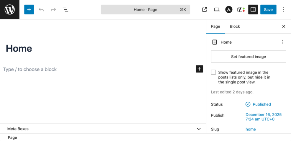 WordPress block editor showing 'Home' page settings, including featured image, publish status, and page slug for website design.