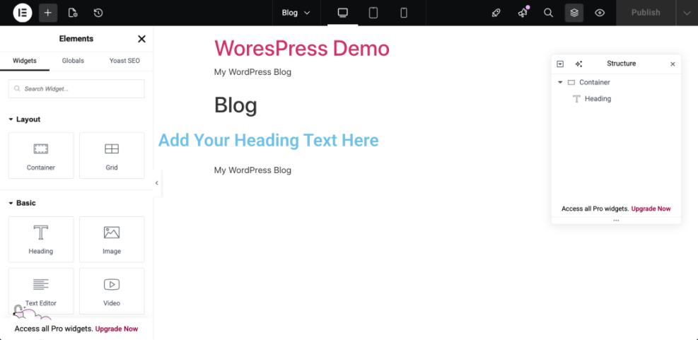 WordPress page editor interface displaying layout elements, basic widgets like Heading and Text Editor, and content for editing a page in WordPress.