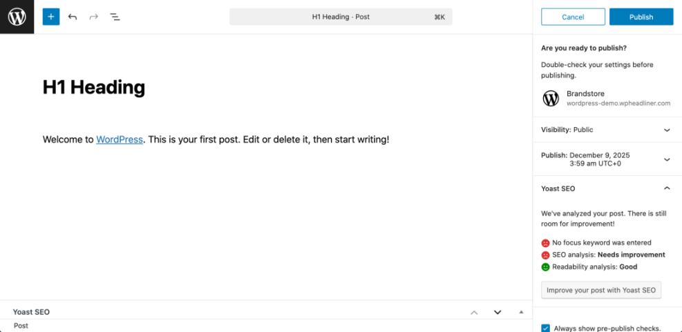 WordPress Gutenberg editor showing the publish panel and Yoast SEO analysis, with pre-publish checks before publishing a post.