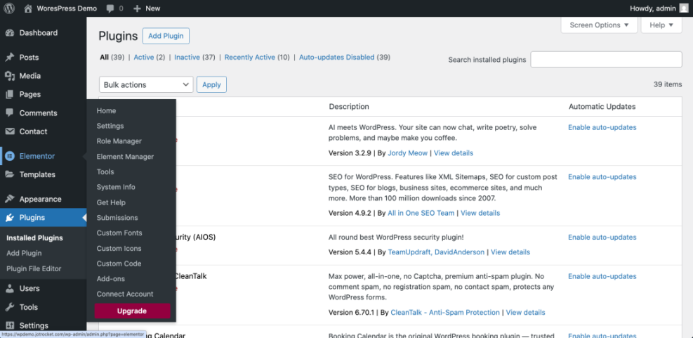WordPress admin dashboard displaying the Plugins page and Elementor website builder menu, essential for managing site design.