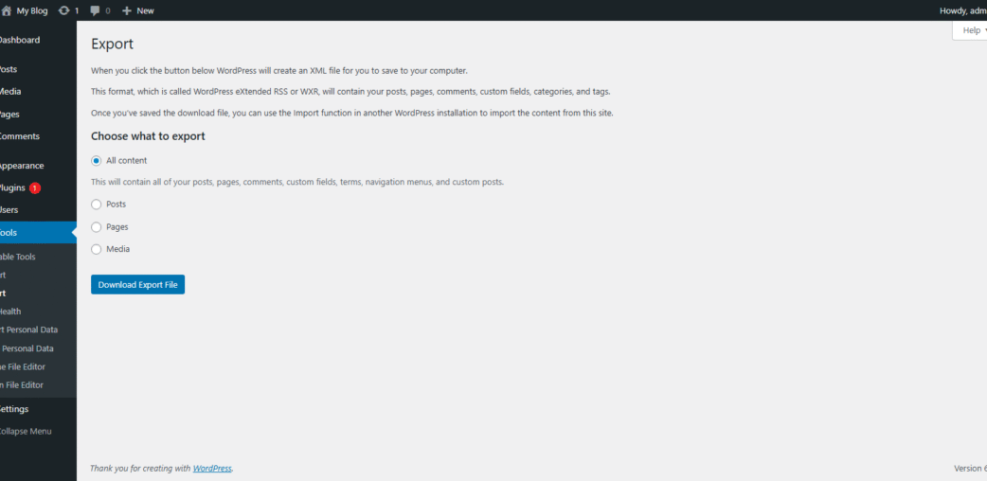 WordPress export screen showing 'All content' selected to create an XML backup file. Essential for WordPress backup plugins context.
