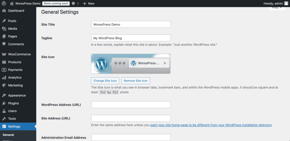 WordPress General Settings page, highlighting the Site Icon section where you can change your site's favicon.
