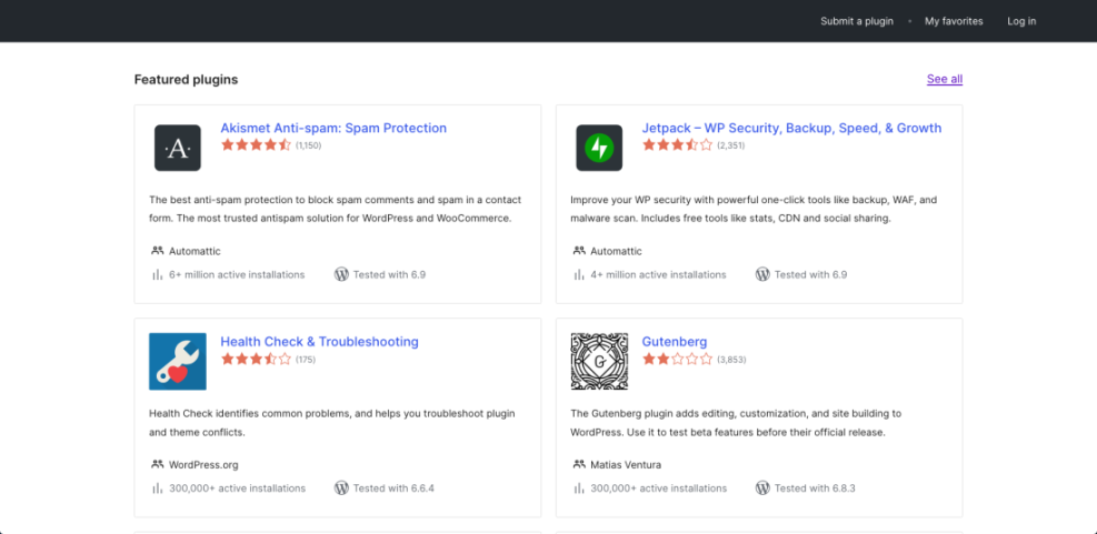 Examples of featured WordPress plugins like Akismet, Jetpack, Health Check, and Gutenberg, showing their names, ratings, and descriptions.
