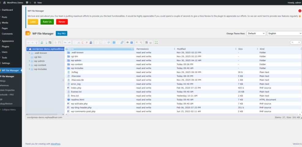 Screenshot of the WP File Manager plugin interface showing WordPress core files, folders like wp-content, and .htaccess for editing.