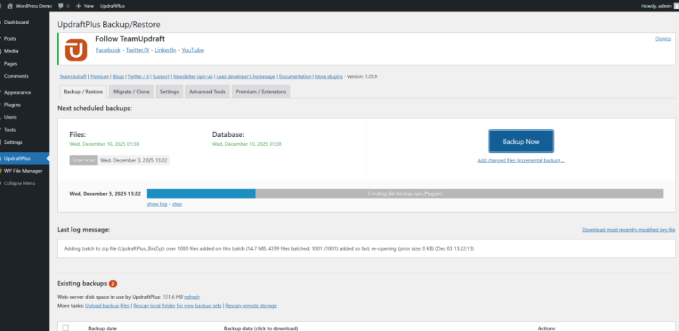 UpdraftPlus backup plugin dashboard during a WordPress site backup, demonstrating a crucial step to safely edit WordPress files.