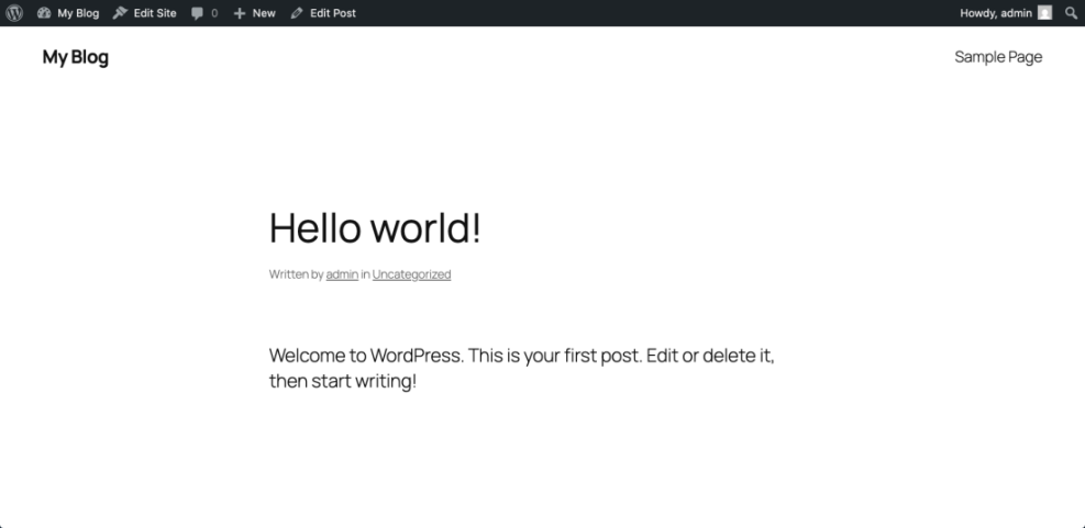 Default WordPress blog page displaying the 'Hello world!' first post, demonstrating a fresh installation ready for SEO setup.