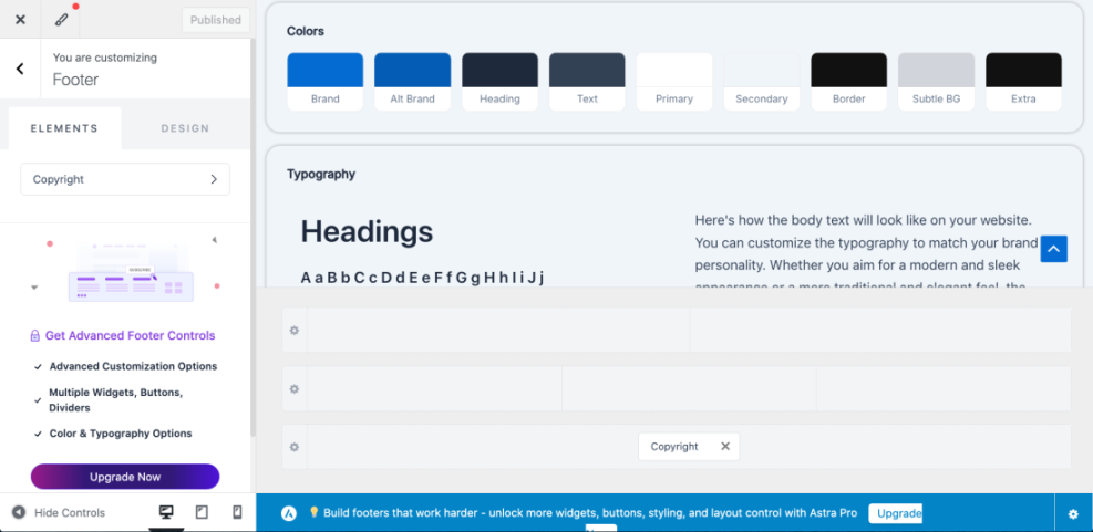 WordPress customizer interface for editing footer settings, displaying color palettes, typography options for headings, and upgrade features for advanced controls.