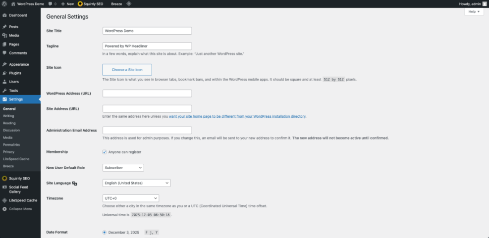 WordPress General Settings dashboard showing site title, tagline, URL fields, user registration, language, and timezone.