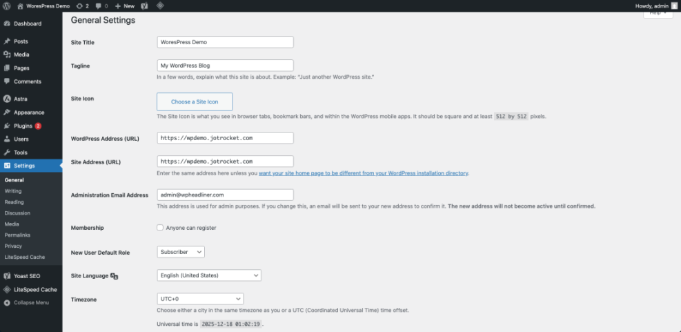 WordPress General Settings screen, essential for how to build a WordPress website, showing site title, URL, and admin email configuration.