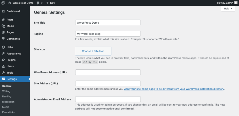 WordPress General Settings dashboard screen displaying fields for Site Title, Tagline, Site Icon, WordPress Address, and Site Address.