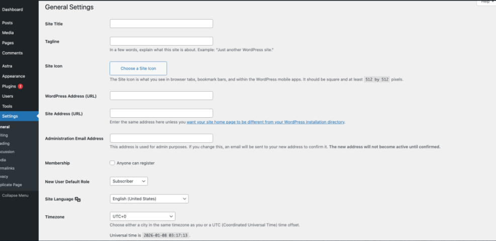 WordPress General Settings dashboard showing site title, tagline, URLs, admin email, language, and timezone, key for a WordPress site launch.